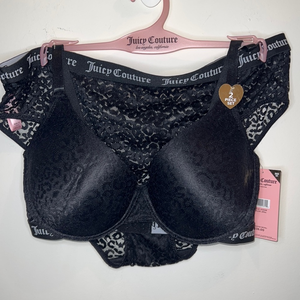 JUICY COUTURE LEOPARD PRINT LACE PADDED BRA AND HIPSTER PANTIES SET